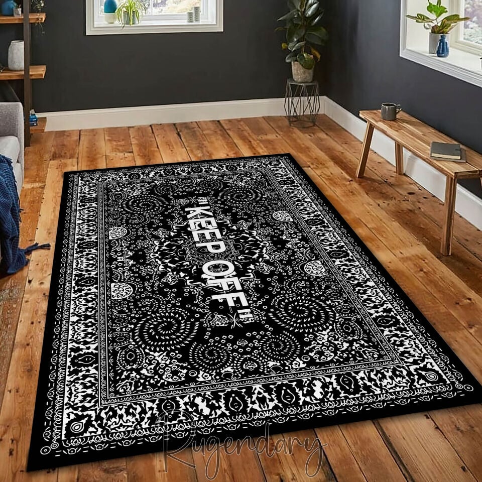 Modern Black & White Area Rug with “KEEP OFF” Quote – Bold Living Room Carpet