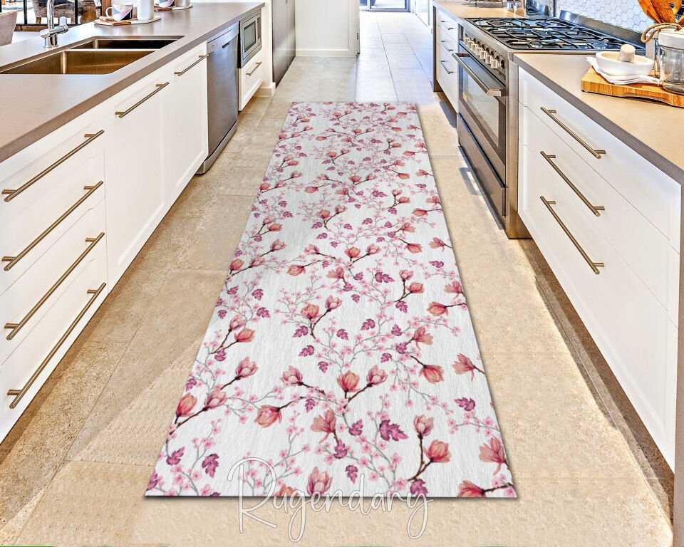 White Runner Rug with Pink Floral Pattern – Elegant Hallway Carpet