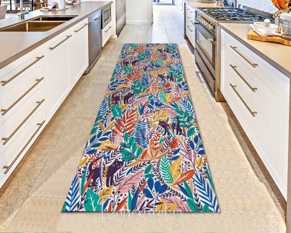Tropical Leaf & Cat Runner Rug – Vibrant Cartoon Hallway & Kitchen Carpet