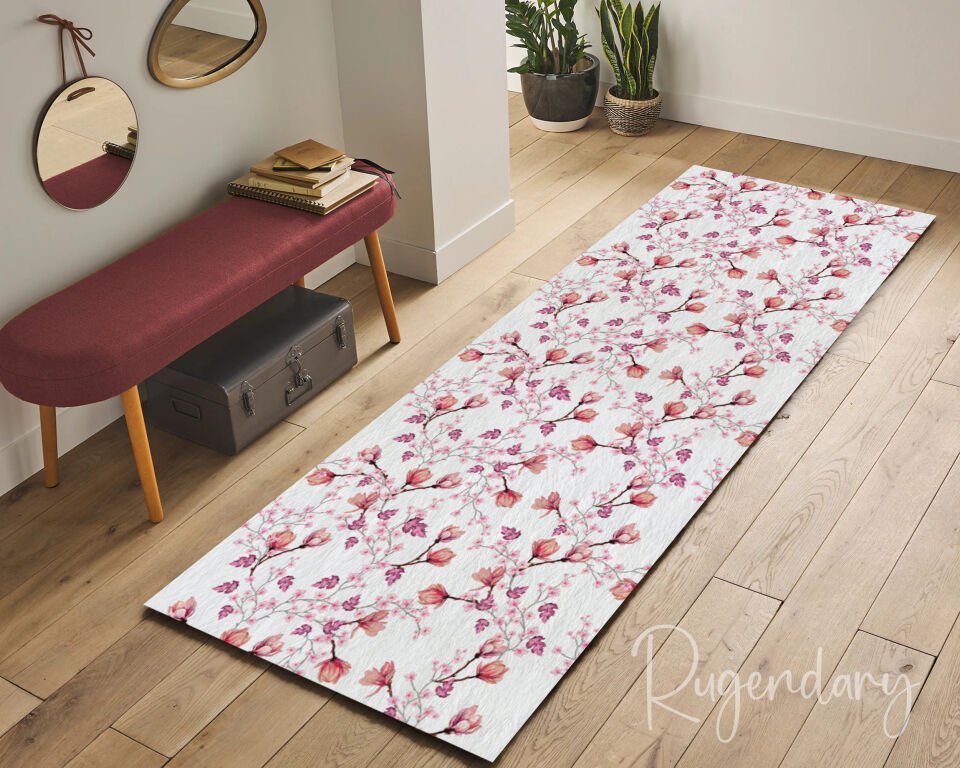 White Runner Rug with Pink Floral Pattern – Elegant Hallway Carpet