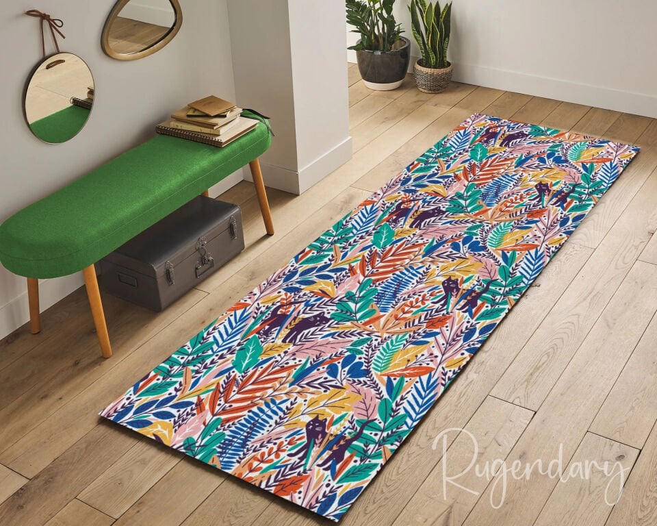 Tropical Leaf & Cat Runner Rug – Vibrant Cartoon Hallway & Kitchen Carpet