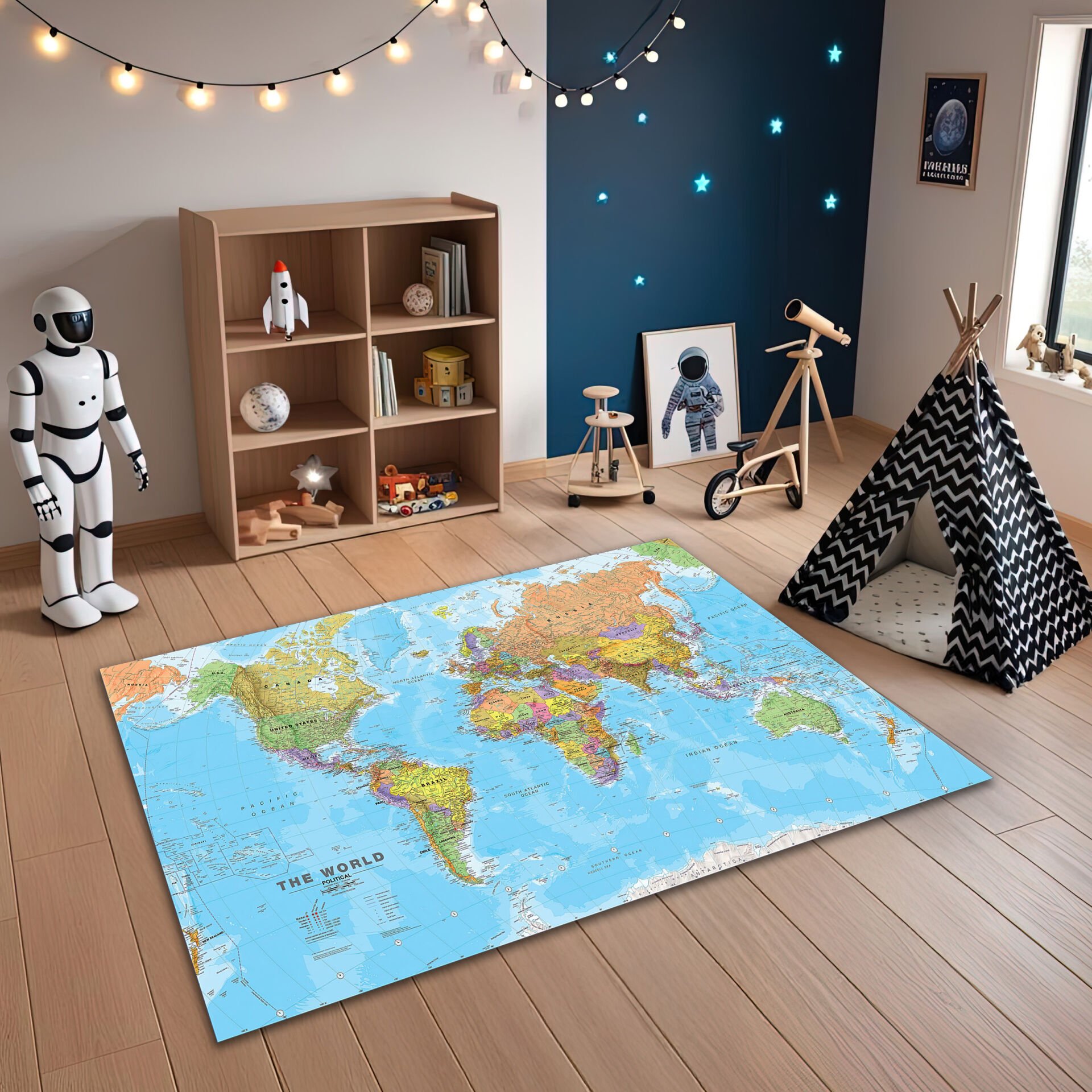 World Map Educational Rug – Colorful Geographic Learning Carpet for Kids