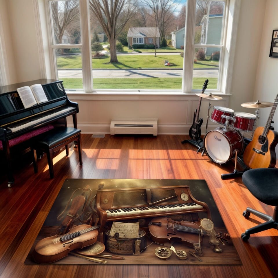 Vintage Classical Music Rug – Piano & Violin Art Carpet