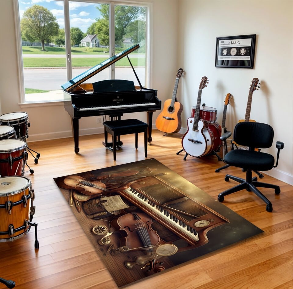 Vintage Classical Music Rug – Piano & Violin Art Carpet