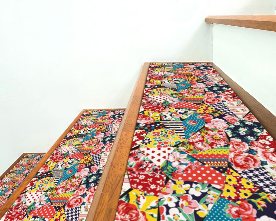 Vibrant Patchwork Floral Stair Treads – Colorful Patterned Stair Mats