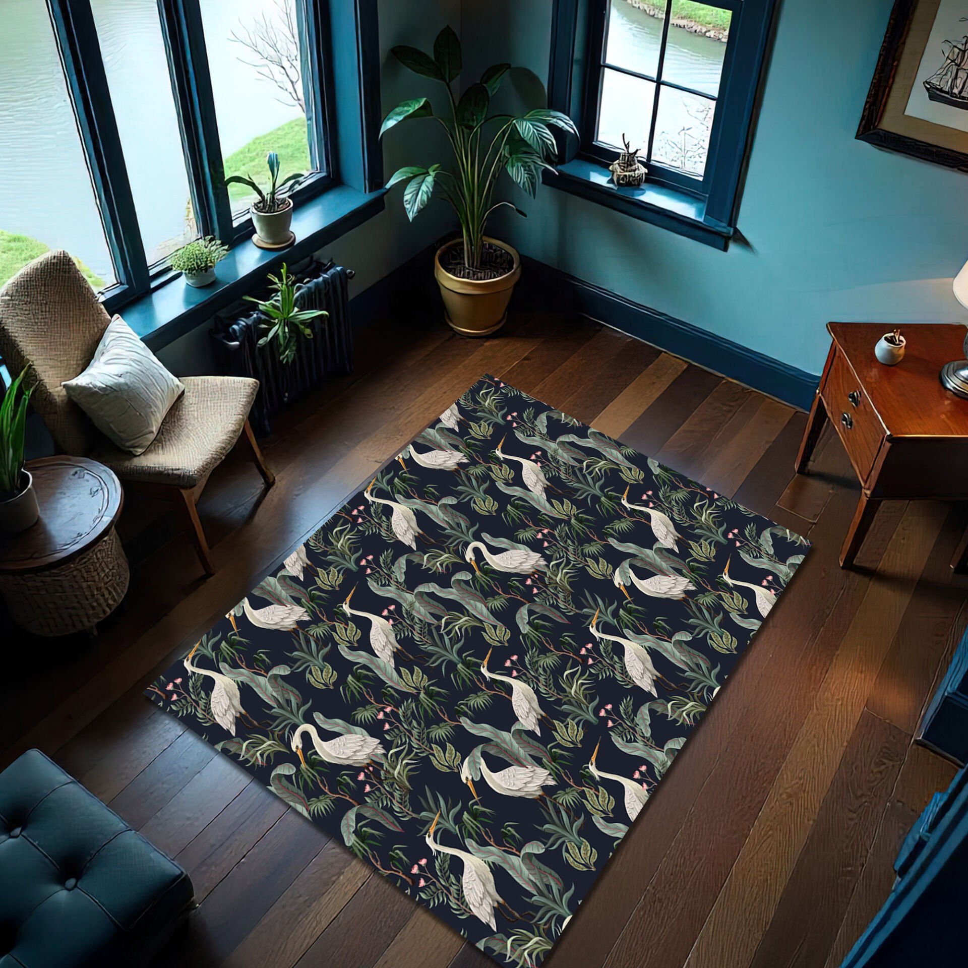 Elegant Crane & Botanical Pattern Rug – Dark Nature-Inspired Floor Mat