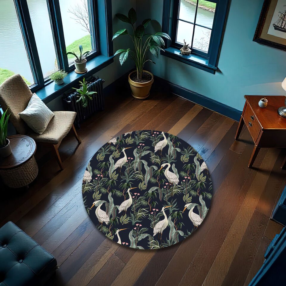 Elegant Crane & Botanical Pattern Rug – Dark Nature-Inspired Floor Mat