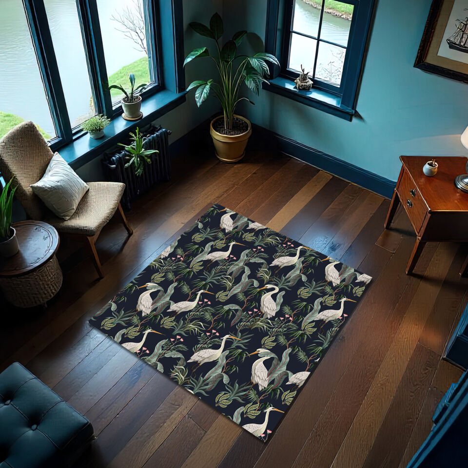 Elegant Crane & Botanical Pattern Rug – Dark Nature-Inspired Floor Mat