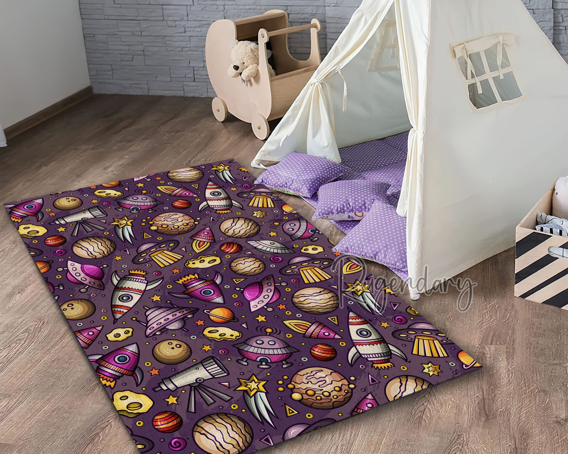 Colorful Space Theme Kids Rug – Galaxy Planets Rockets UFOs Stars Pattern Play Mat for Children’s Room or Nursery