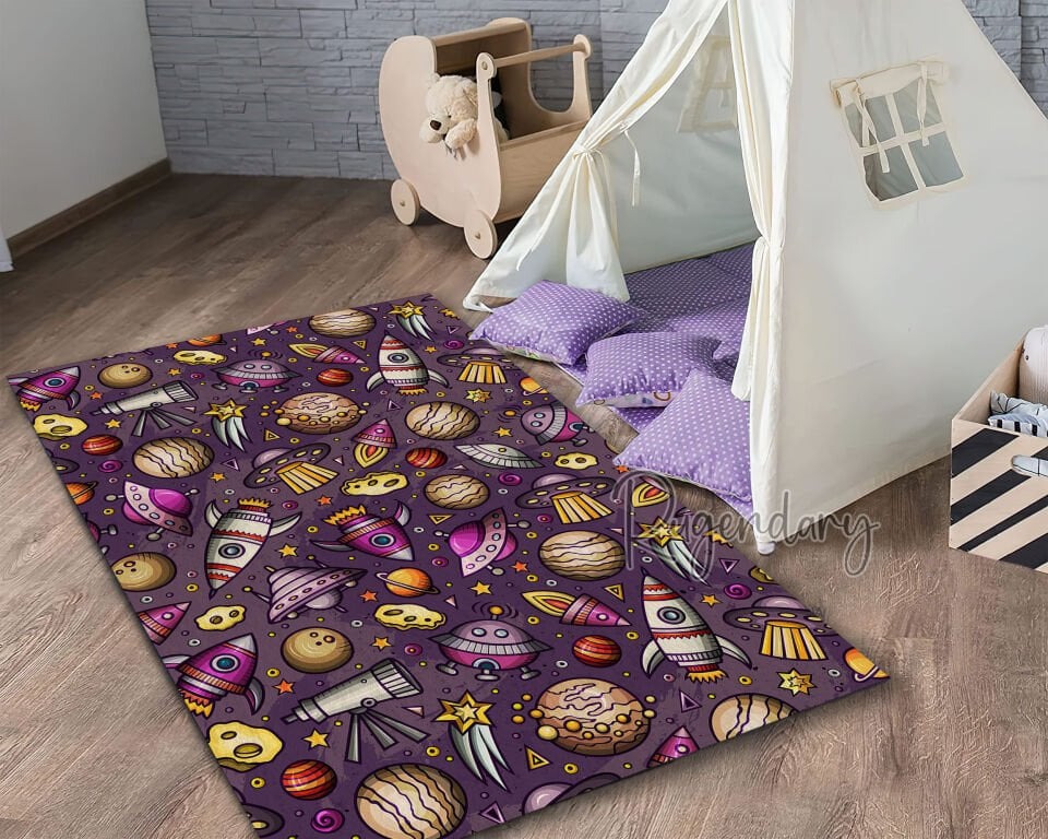 Colorful Space Theme Kids Rug – Galaxy Planets Rockets UFOs Stars Pattern Play Mat for Children’s Room or Nursery