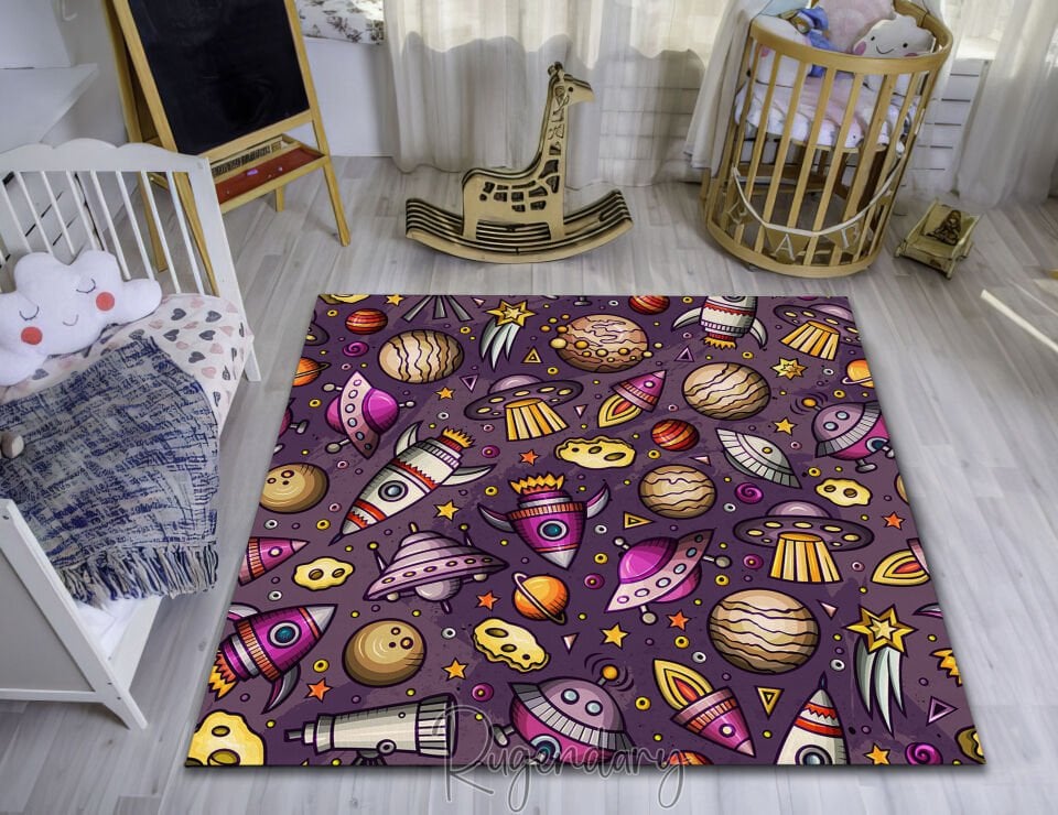 Colorful Space Theme Kids Rug – Galaxy Planets Rockets UFOs Stars Pattern Play Mat for Children’s Room or Nursery