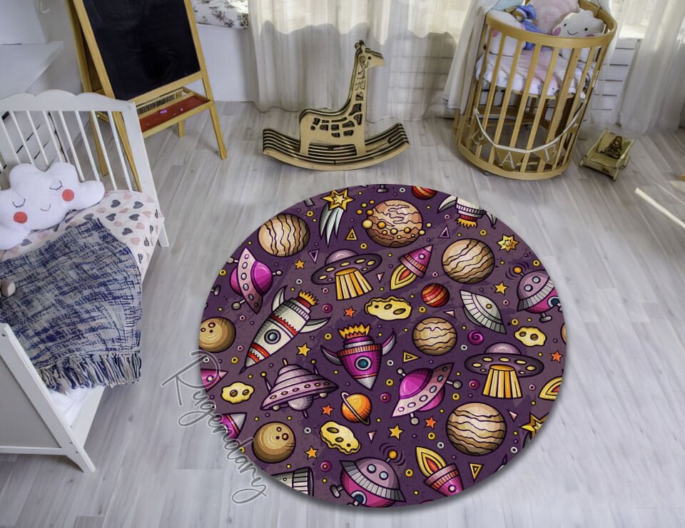 Colorful Space Theme Kids Rug – Galaxy Planets Rockets UFOs Stars Pattern Play Mat for Children’s Room or Nursery