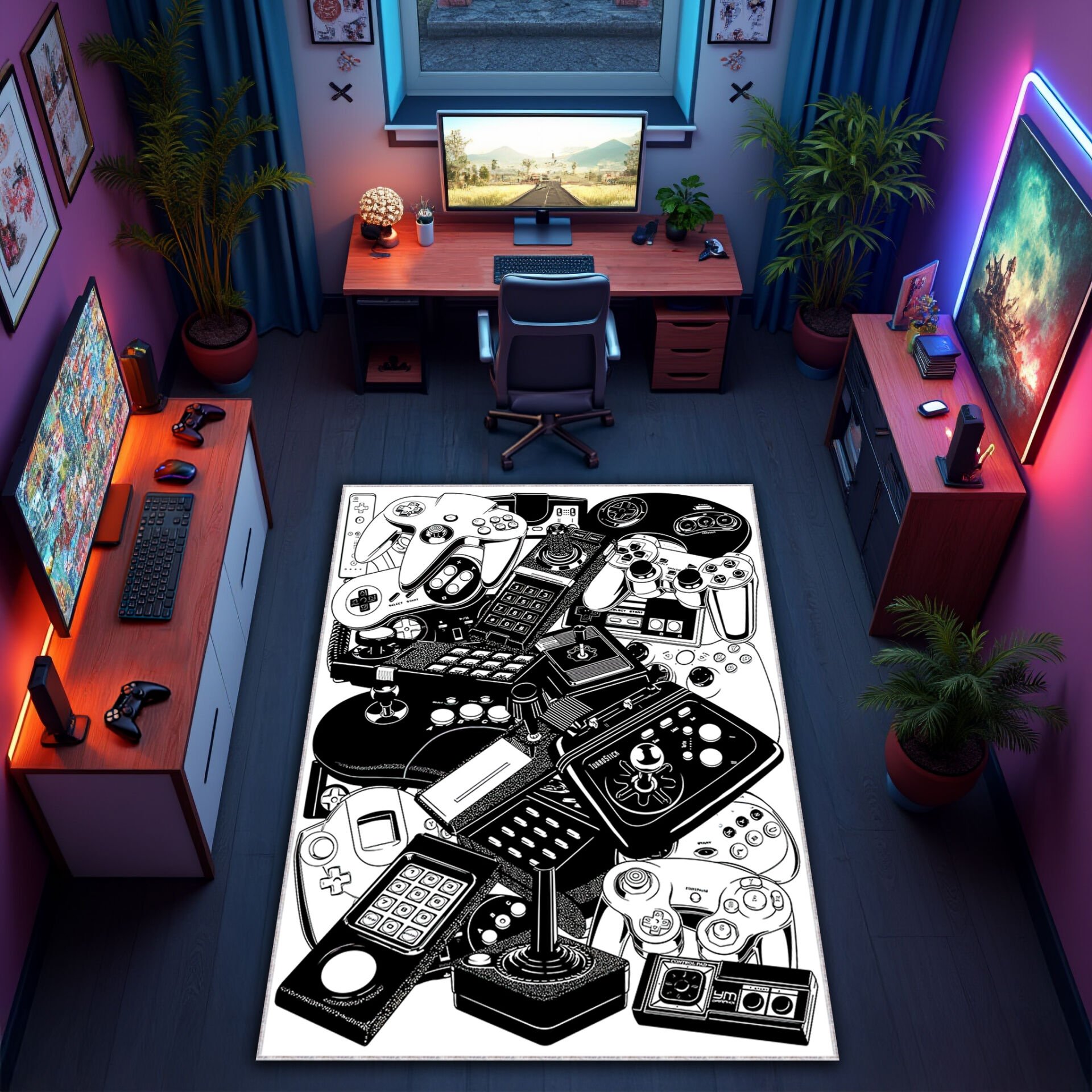 Retro Gaming Controllers Rug – Game Room Carpet with Classic Console Design
