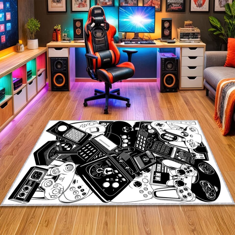 Retro Gaming Controllers Rug – Game Room Carpet with Classic Console Design
