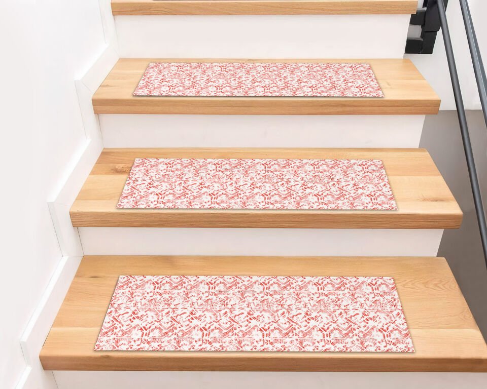 Red & White Ethnic Stair Treads – Non-Slip Stylish Step Mats