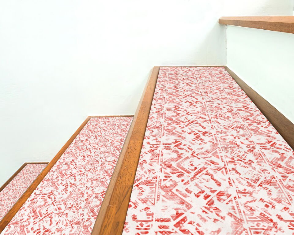 Red & White Ethnic Stair Treads – Non-Slip Stylish Step Mats