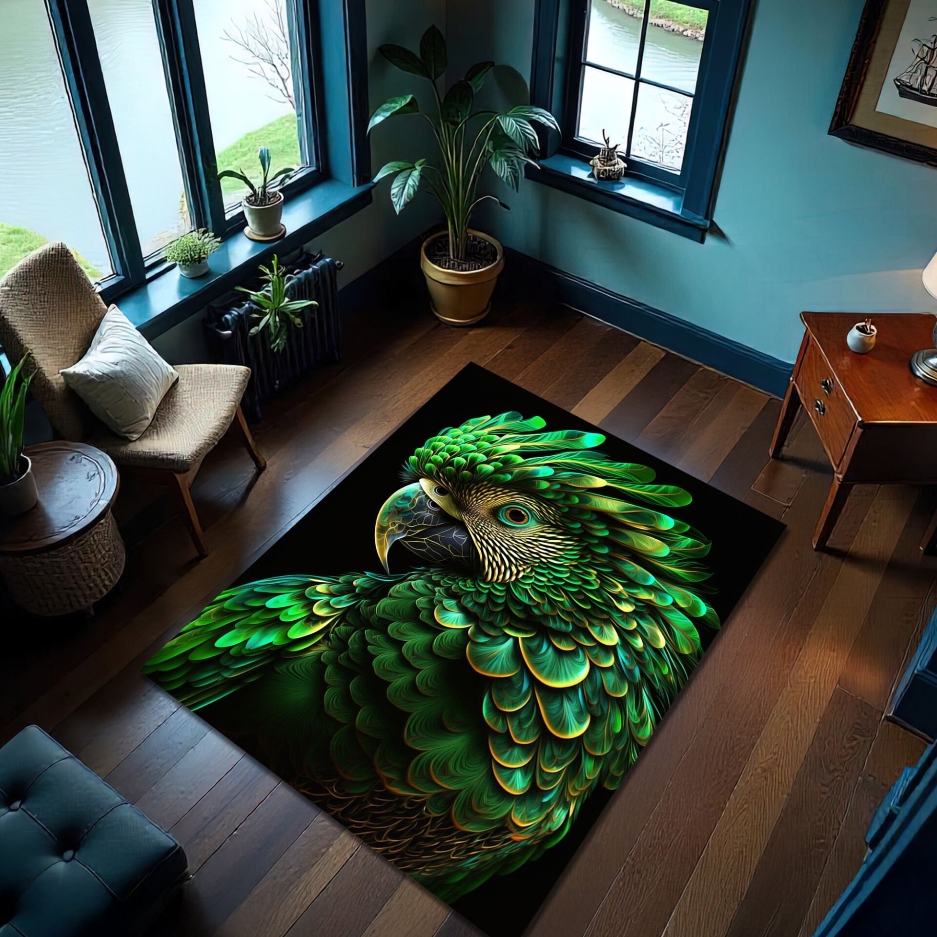 Vibrant Green Parrot Rug – Exotic Tropical Bird Floor Carpet