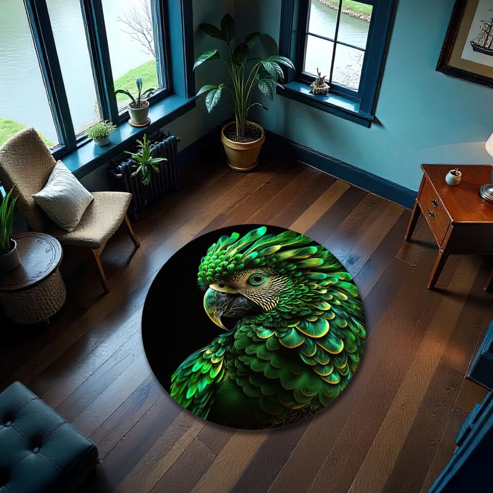 Vibrant Green Parrot Rug – Exotic Tropical Bird Floor Carpet