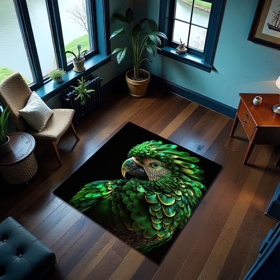 Vibrant Green Parrot Rug – Exotic Tropical Bird Floor Carpet
