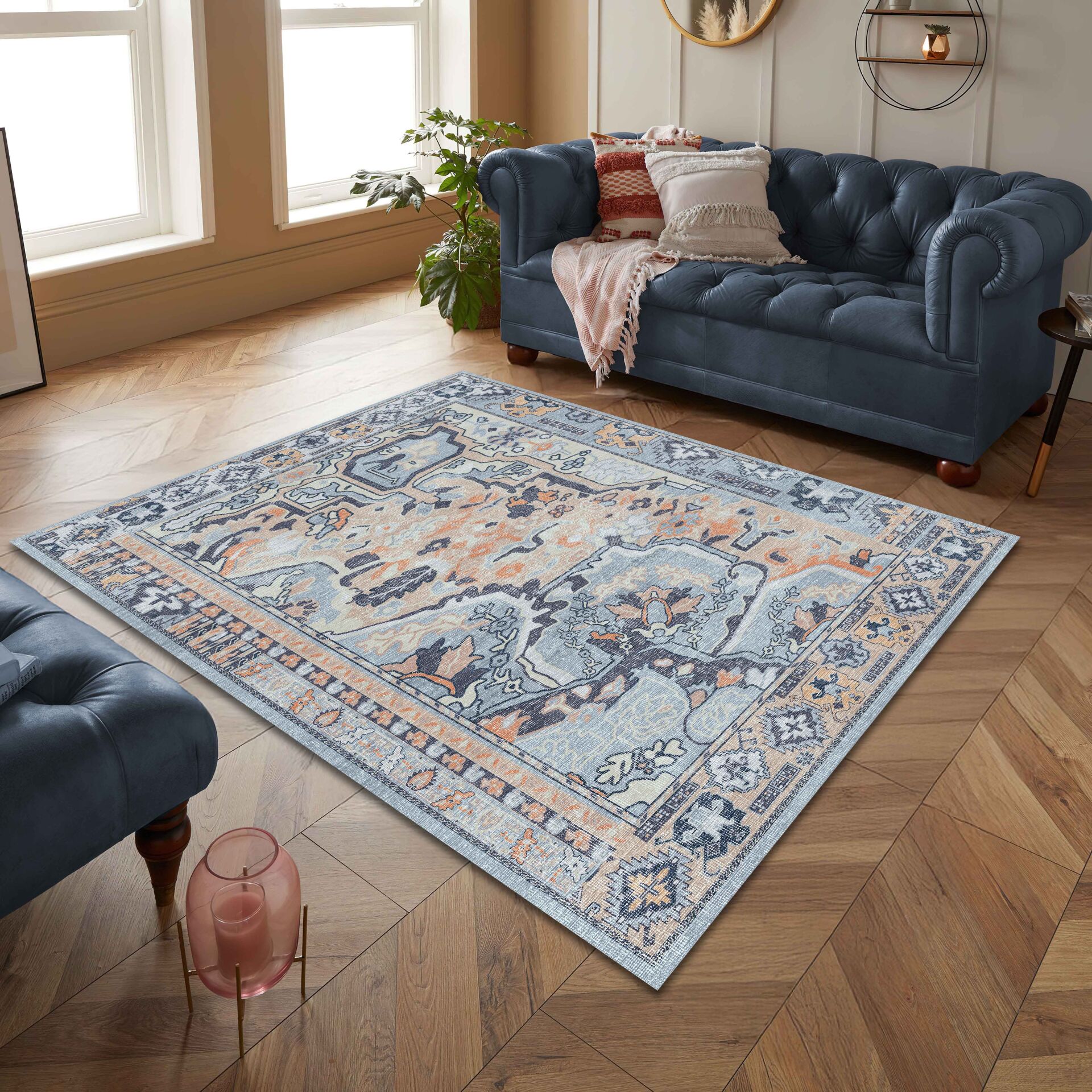 Blue Oriental Rug Classic Pattern Decorative Carpet