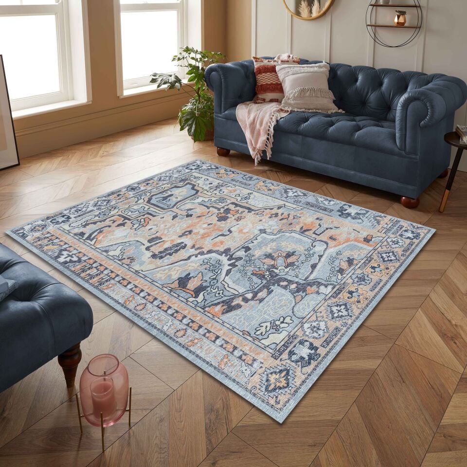 Blue Oriental Rug Classic Pattern Decorative Carpet