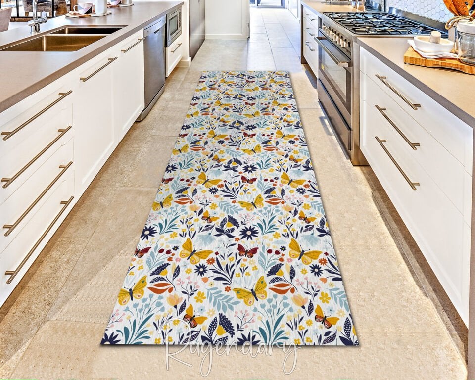 Butterfly & Wildflower Runner Rug – Colorful Hallway and Kitchen Carpet