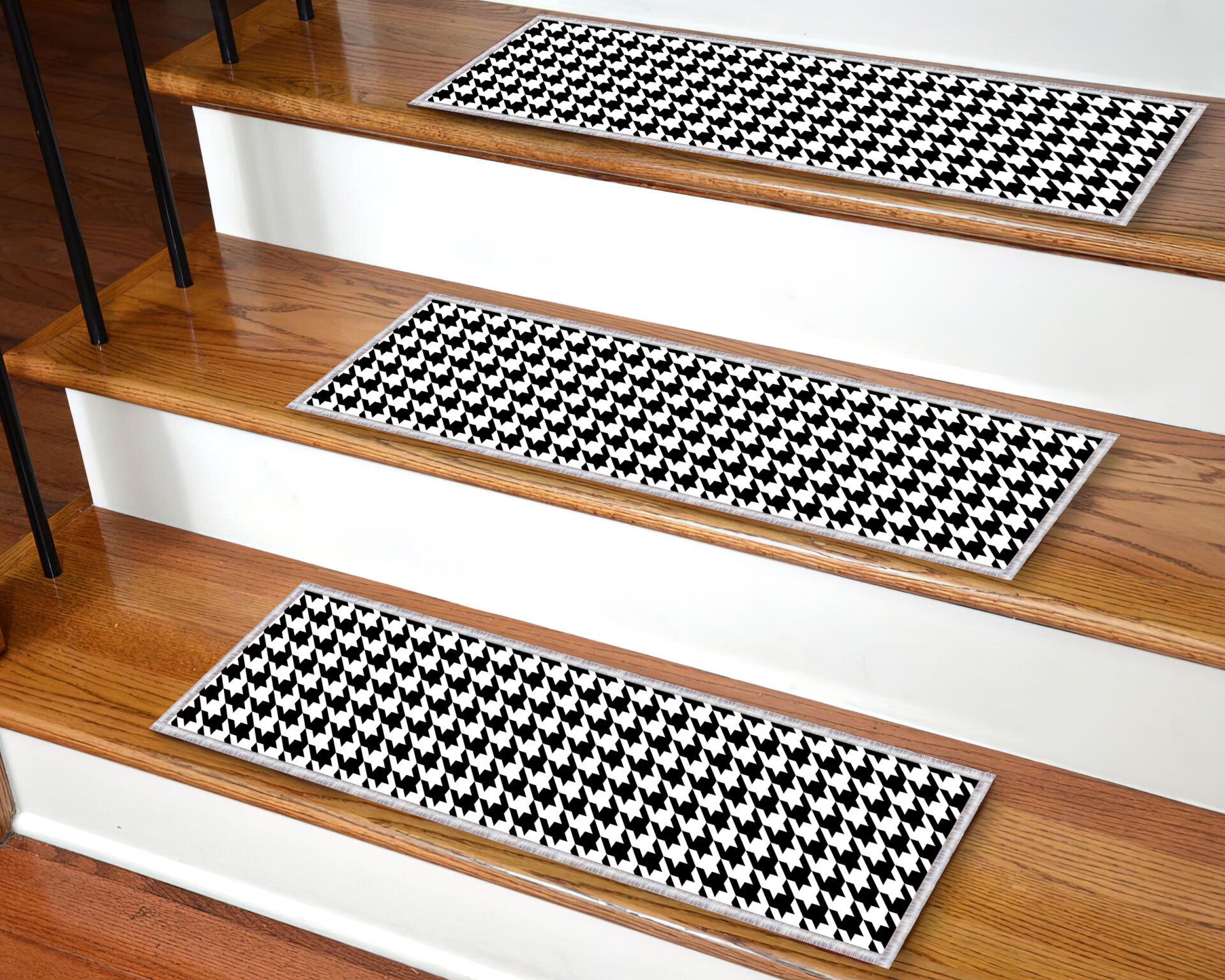 Black And White Houndstooth Stair Mat – Stylish Non-Slip Stair Tread For Safety And Decor