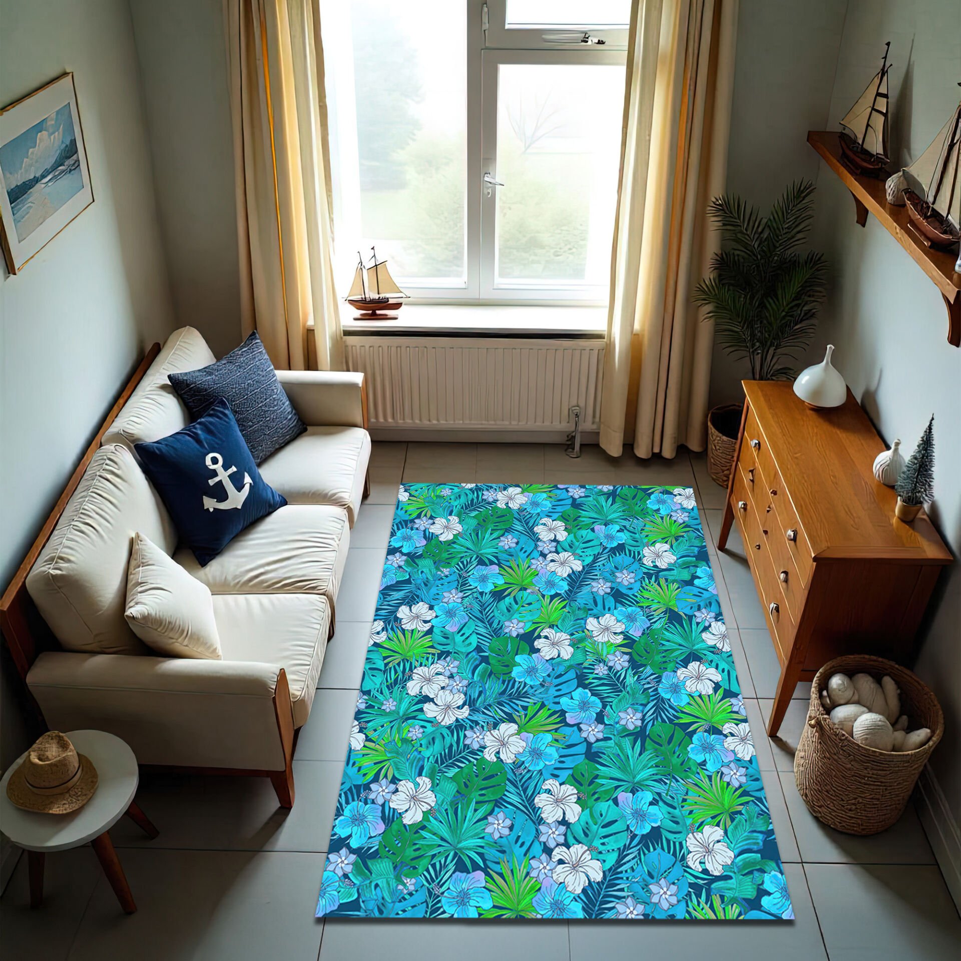 Tropical Blue Floral Living Room Rug – Vibrant Botanical Area Carpet