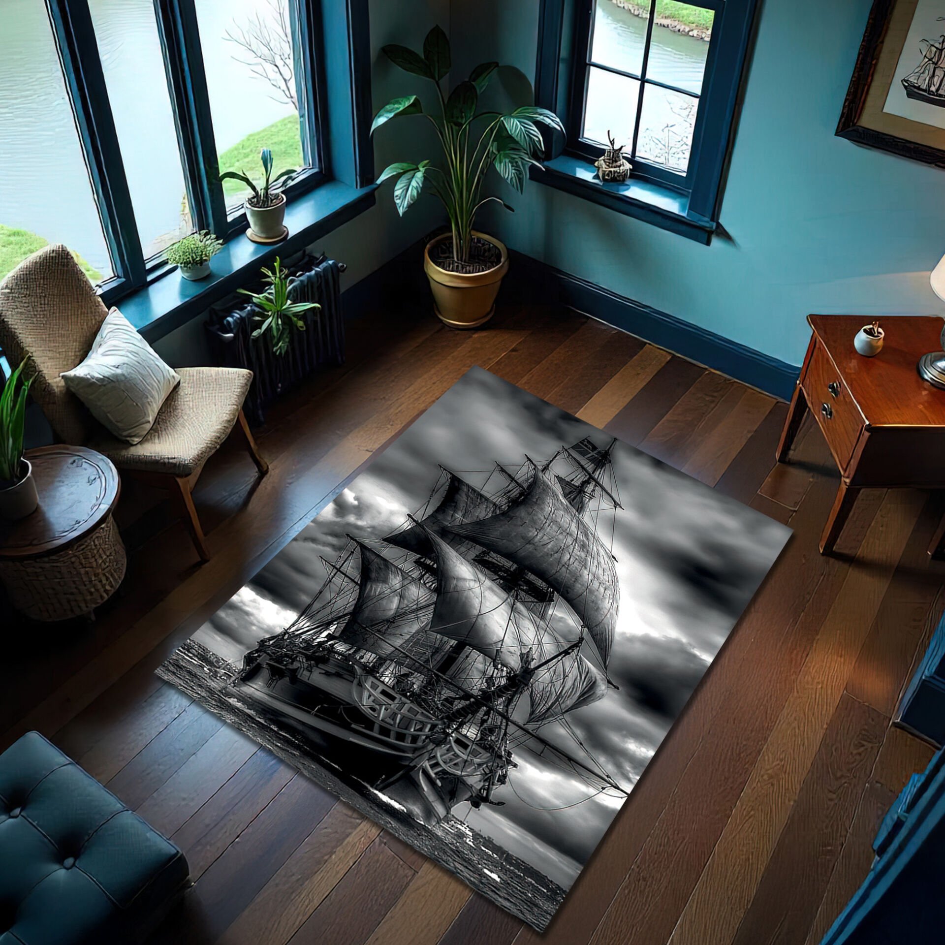 Black & White Tall Ship Rug – Stormy Ocean Voyage