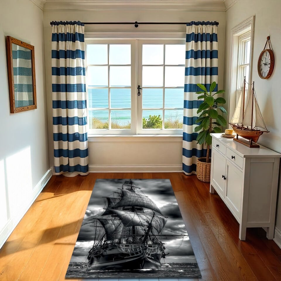 Black & White Tall Ship Rug – Stormy Ocean Voyage