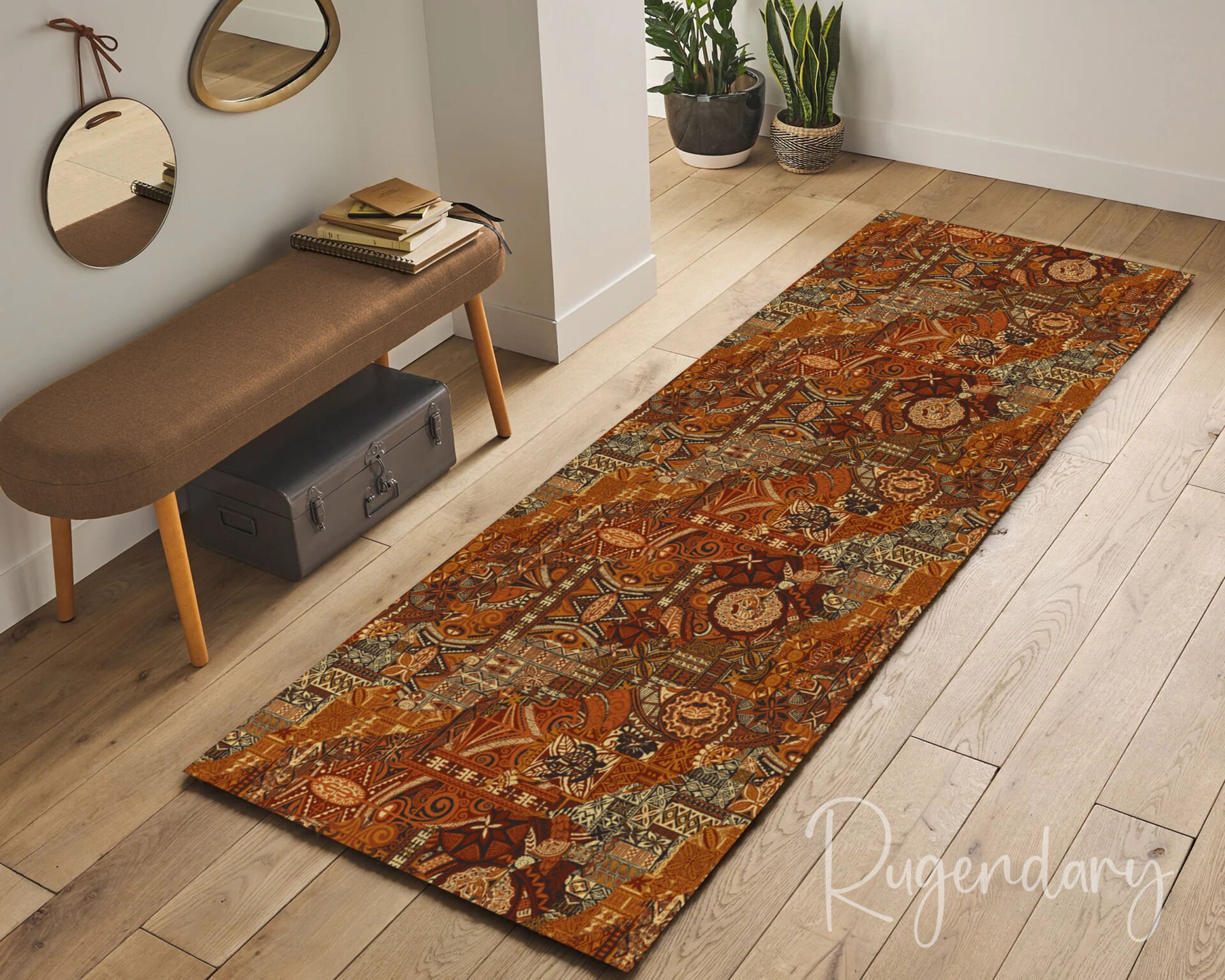 Vintage Bohemian Rust Runner Rug – Warm Earth Tones with Ethnic Patterns