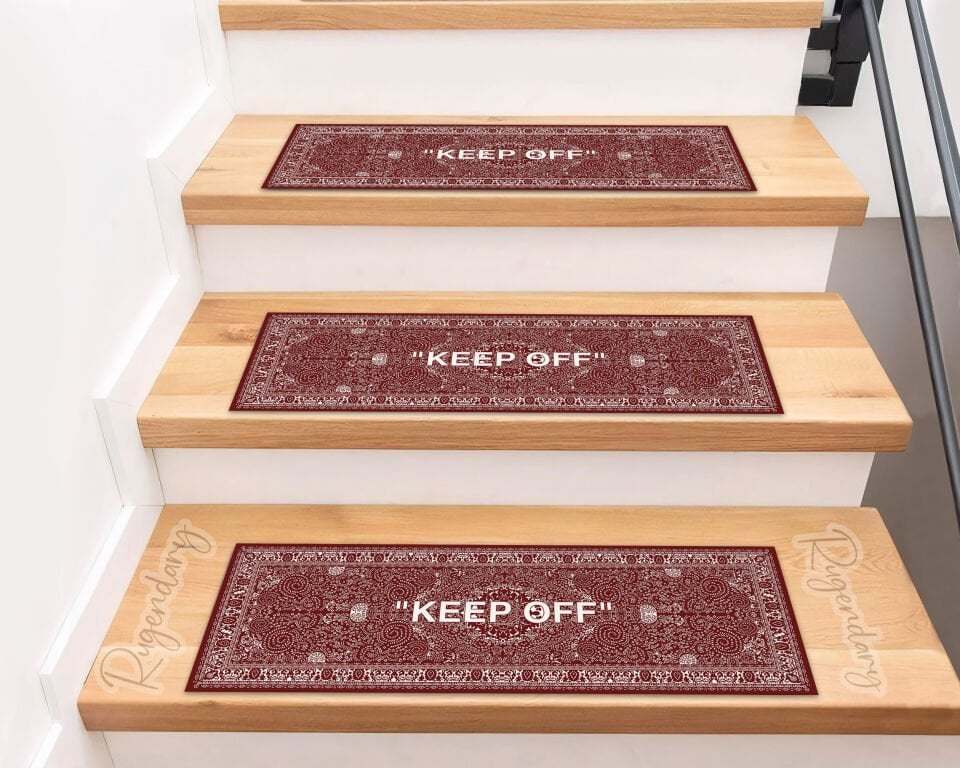 Red Stair Mat with ''KEEP OFF'' Quote – Modern Non-Slip Step Carpet