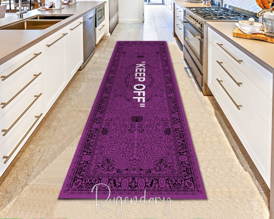 Purple Runner Rug with “KEEP OFF” Quote – Modern Hallway & Entryway Decor