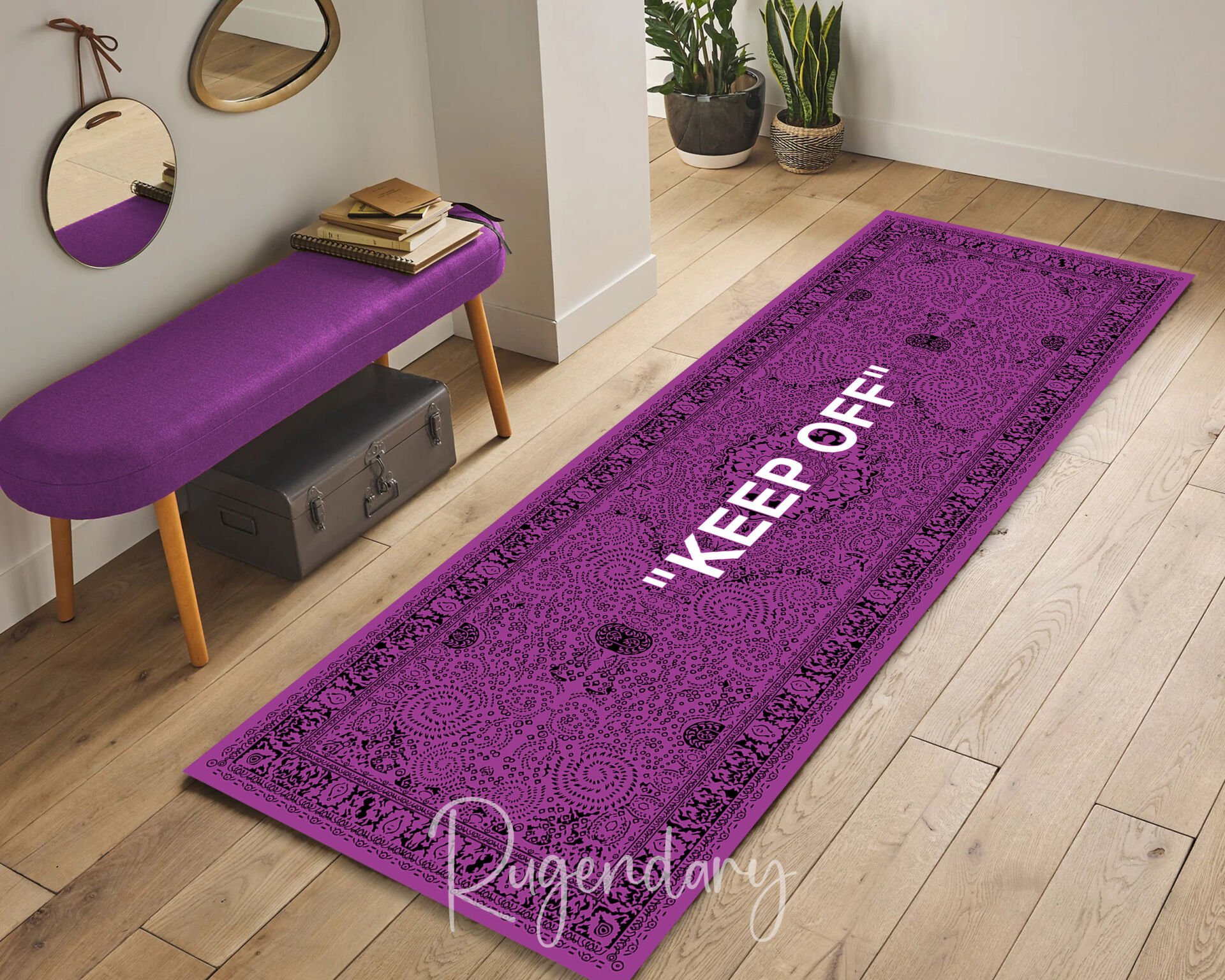 Purple Runner Rug with “KEEP OFF” Quote – Modern Hallway & Entryway Decor