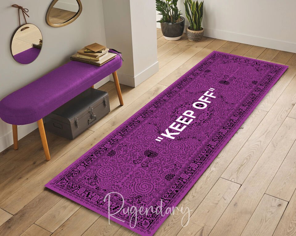 Purple Runner Rug with “KEEP OFF” Quote – Modern Hallway & Entryway Decor