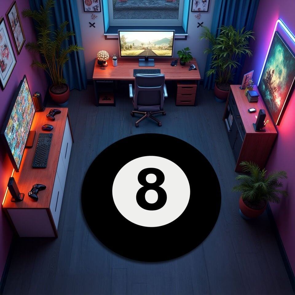8 Ball Round Rug – Retro Billiard Game Room Carpet