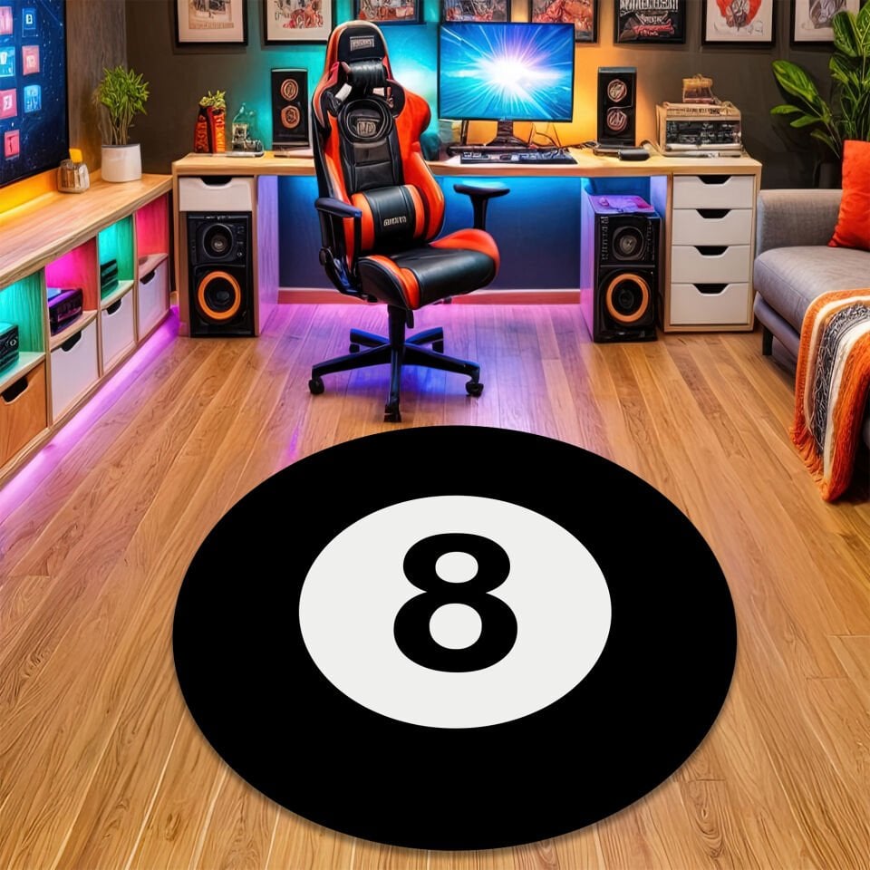 8 Ball Round Rug – Retro Billiard Game Room Carpet