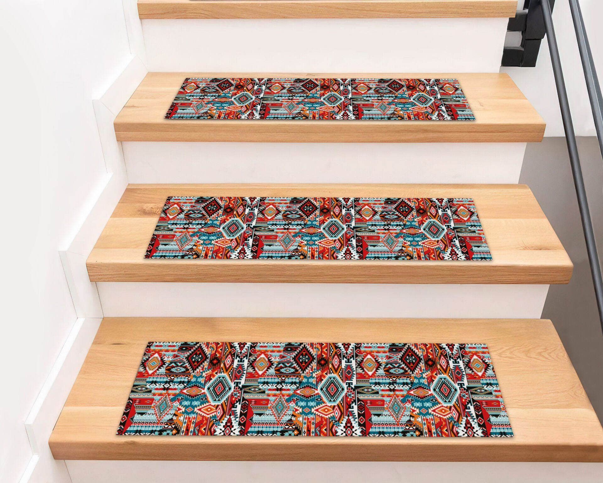 Colorful Southwestern Tribal Pattern Stair Treads – Vibrant Geometric Stair Mats for Stylish Home