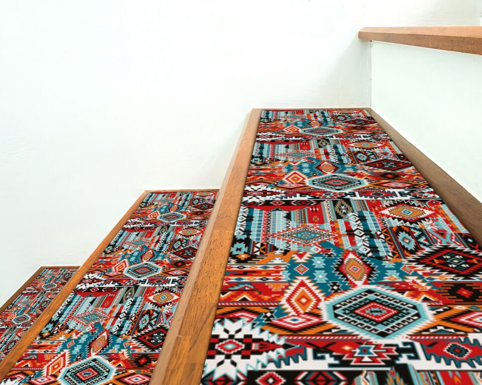 Colorful Southwestern Tribal Pattern Stair Treads – Vibrant Geometric Stair Mats for Stylish Home