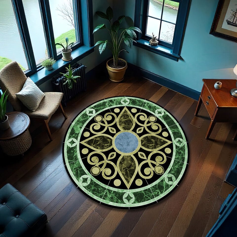 Green Marble Medallion Round Rug