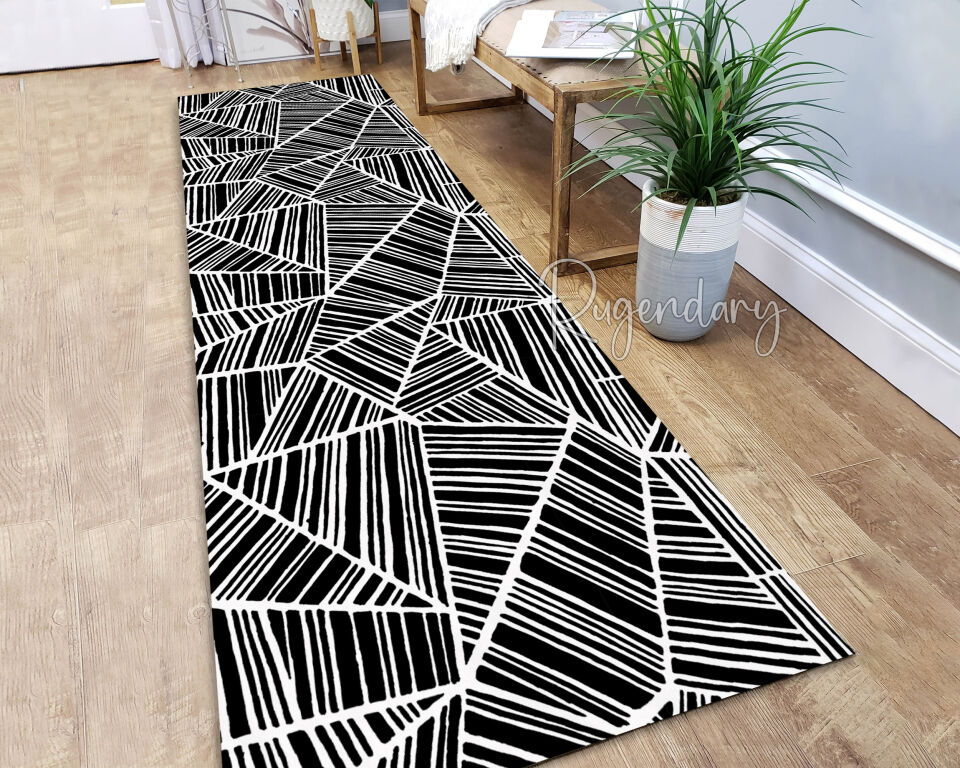 Black & White Geometric Stripe Runner Rug – Modern Long Carpet for Kitchen & Hallway
