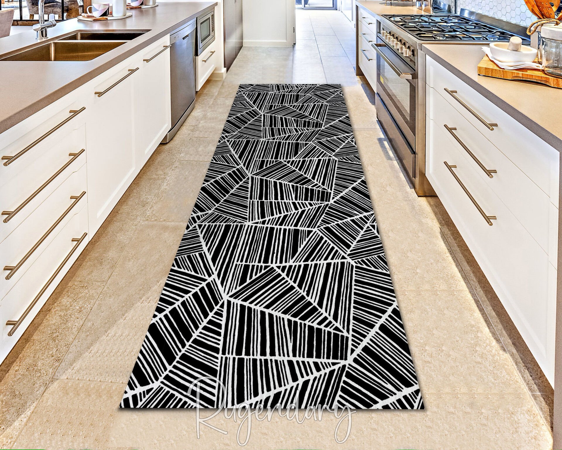 Black & White Geometric Stripe Runner Rug – Modern Long Carpet for Kitchen & Hallway