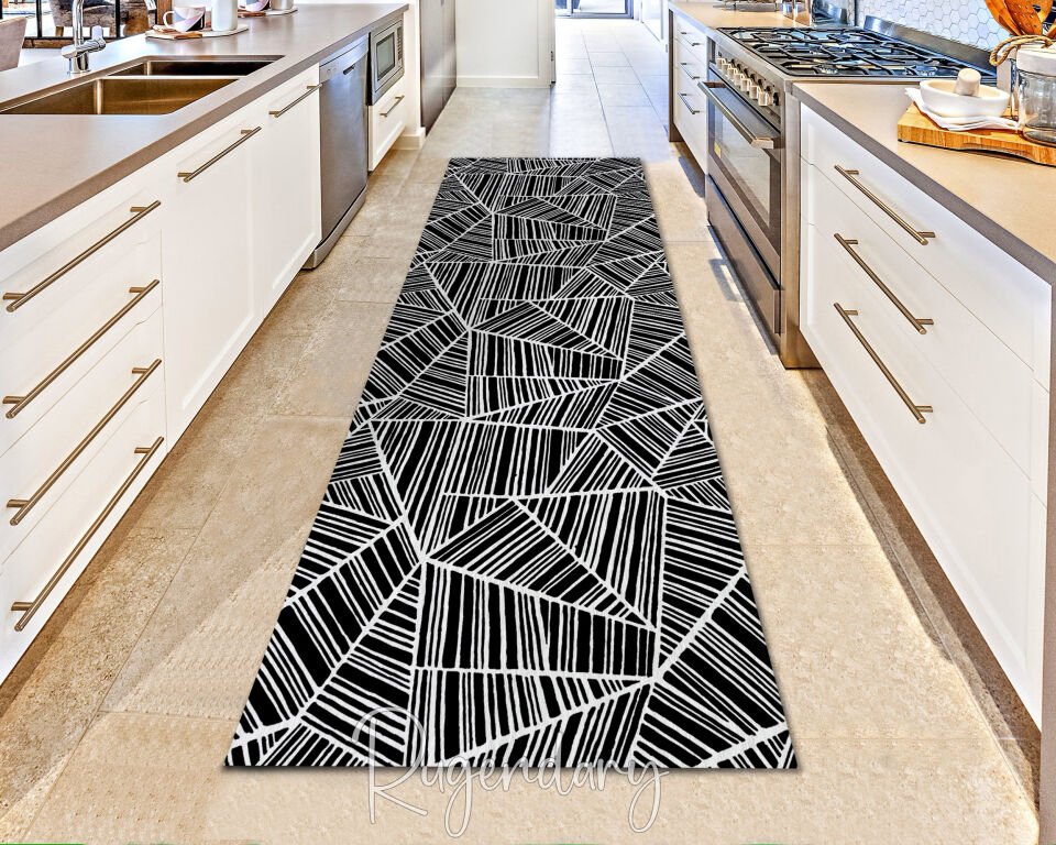 Black & White Geometric Stripe Runner Rug – Modern Long Carpet for Kitchen & Hallway
