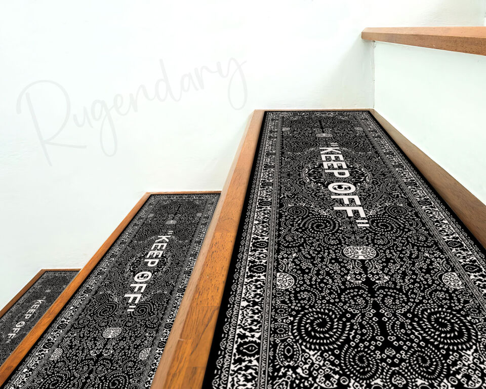 Black & White Stair Mats with “KEEP OFF” Quote – Modern Non-Slip Stair Carpet