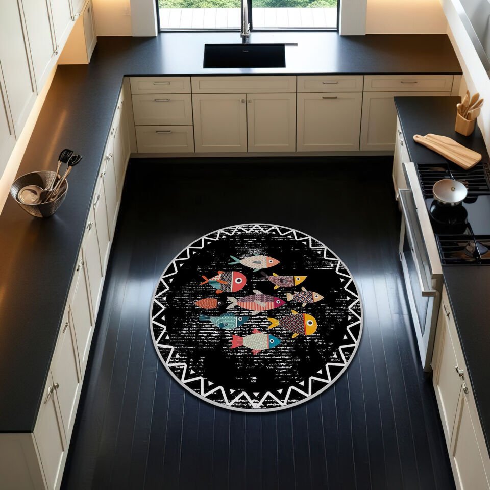 Round Boho Fish Kitchen Rug – Colorful Fish on Black Background with Tribal Border