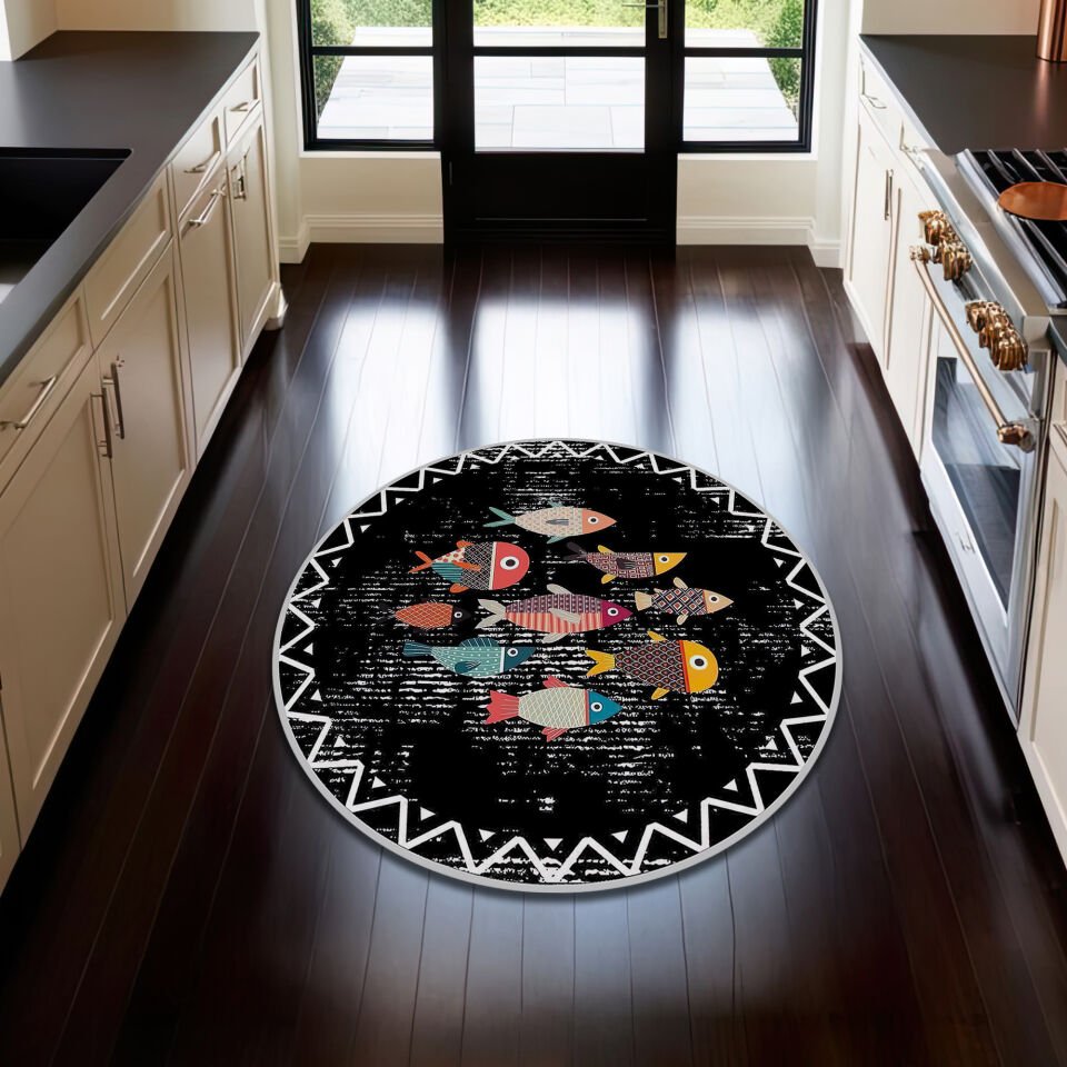 Round Boho Fish Kitchen Rug – Colorful Fish on Black Background with Tribal Border