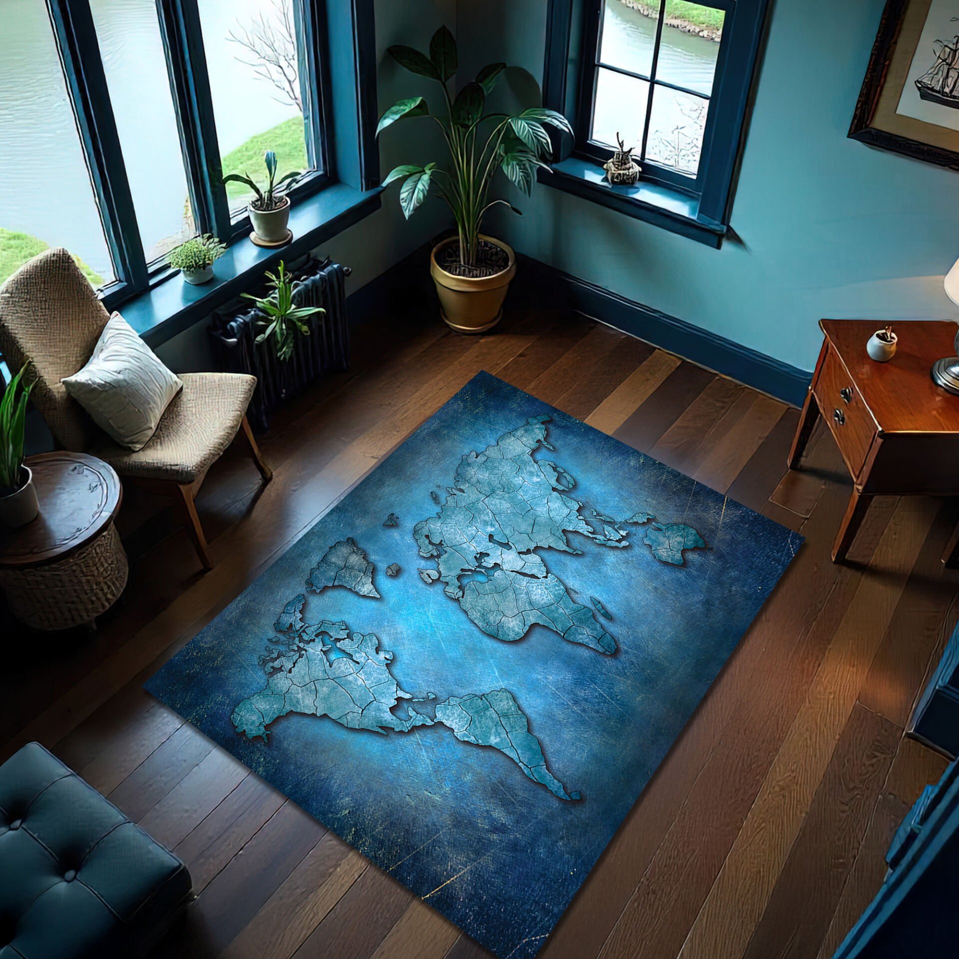 Abstract Blue World Map Rug – Modern Geographic Floor Decor for Kids & Adults