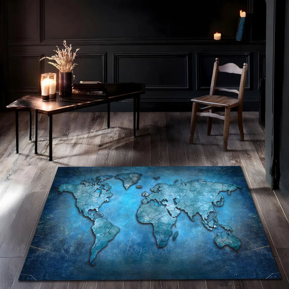 Abstract Blue World Map Rug – Modern Geographic Floor Decor for Kids & Adults
