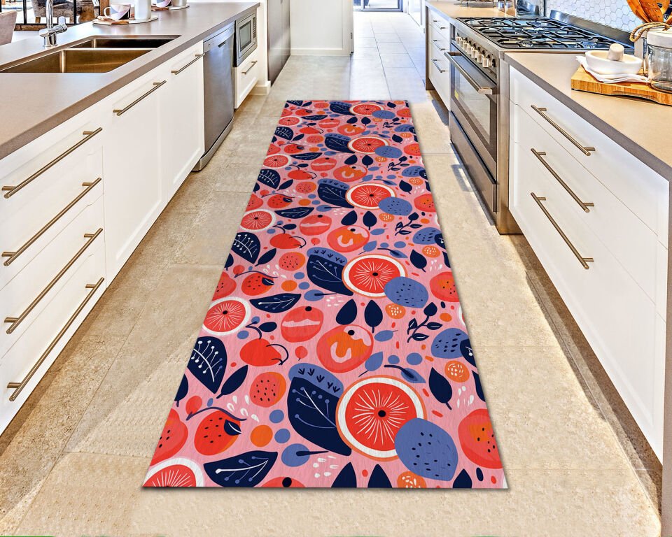 Colorful Fruit Pattern Kitchen Runner Rug – Pink & Navy Modern Design