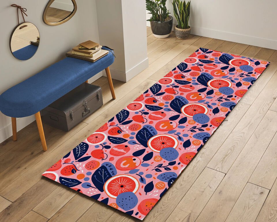 Colorful Fruit Pattern Kitchen Runner Rug – Pink & Navy Modern Design